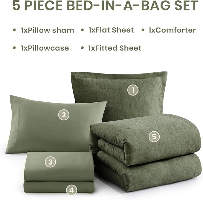 Monbix Twin XL Comforter Set Olive Green, Cationic Dyeing Bedding Set Reversible 5 Pieces, All Season Bed in a Bag with Comforter, Sheets, Pillowcase & Sham