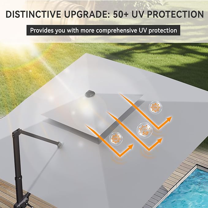 10' X 10' Cantilever Patio Umbrella Outdoor with Base Included Heavy Duty Double Top Windproof Square Offset Umbrellas with 360-degree Rotation for Pool Deck Backyard, Foggy Grey