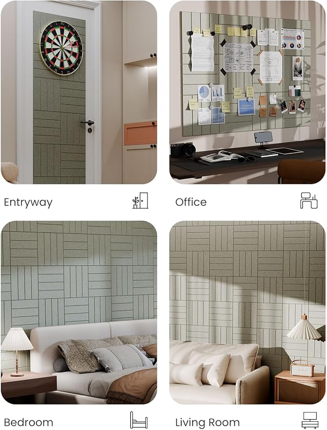 Bumusty Large Cork Board Alternative-47 x35 Felt Bulletin Board Tiles, with 30 Pushpins, 70 Adhesive Tabs, 12-Pack Slat Wall Paneling, Cork Boards for Office Push Pin Board Felt Board-Sage