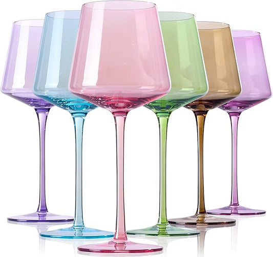 Physkoa Colored Wine Glasses Set 6-16OZ Colorful Wine Glass With Tall Long Stem&Flat Bottom,Colored Stemmed Wine Goblet,Wine Gifts for Women Mom Wife Friend