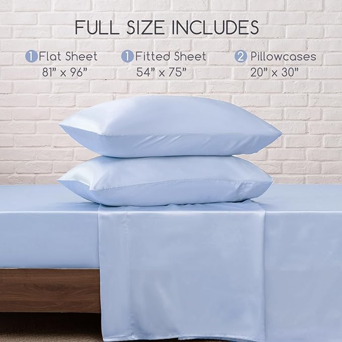 MR&HM Satin Bed Sheets, Full Size Sheets Set, 4 Pcs Silky Bedding Set with 15 Inches Deep Pocket for Mattress (Full, Light Blue)