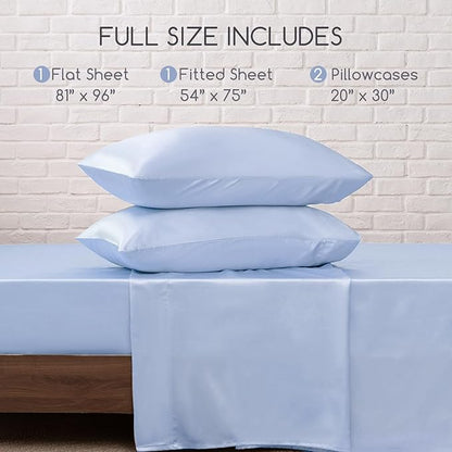 MR&HM Satin Bed Sheets, Full Size Sheets Set, 4 Pcs Silky Bedding Set with 15 Inches Deep Pocket for Mattress (Full, Light Blue)