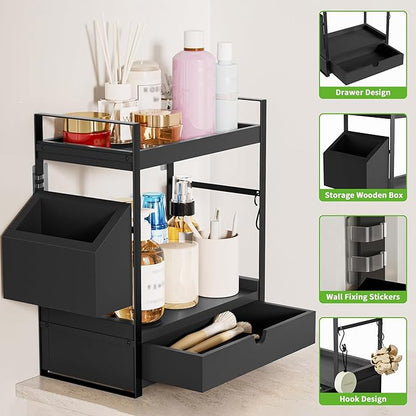 2-Tier Bathroom Counter Organizer with Drawer and Basket, Wood Countertop Organizer for Storage, Skincare Organizers for Vanity, Counter Shelf for Bathroom Organization, Black