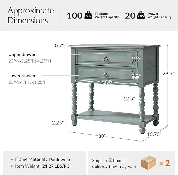 HULALA HOME Farmhouse Storage End Table Set of 2 with 2 Drawers and Open Shelf, Solid Wood Side Table with Spindle Legs, Nightstand with Charging Station (Blue)