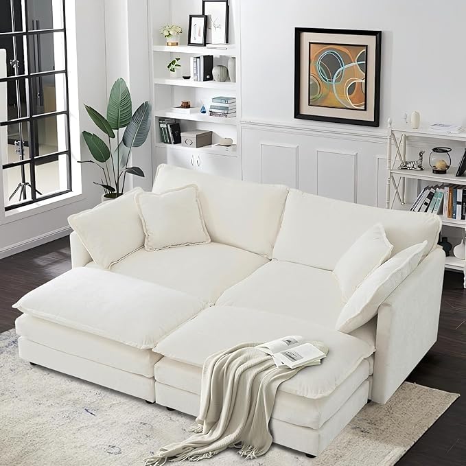 SoarFlash Chenille Sectional Sofa, Comfy Modular Coush Sofa with Ottoman, Modern 2 Seat Recliner Deep Seat Sofa Set for Living Room,White