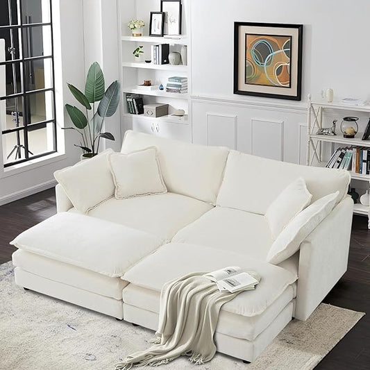 SoarFlash Chenille Sectional Sofa, Comfy Modular Coush Sofa with Ottoman, Modern 2 Seat Recliner Deep Seat Sofa Set for Living Room,White