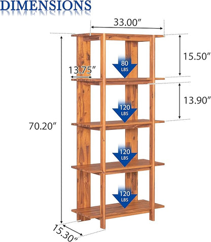 Merax 4 Shelf Narrow Bookcase H-70 L-33 Acacia Wood Open Bookshelf, Contemporary Farmhouse Style Display Storage Shelf for Home Office Studio, Teak Finish