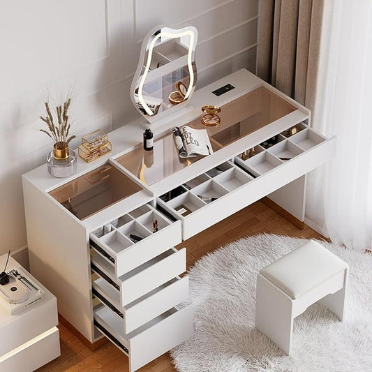 homary Vanity Desk Set with LED Looking Glass, Makeup Vanity with Power Outlet and Tempered Glass Top, Makeup Table with 6 Drawers, 3 Lighting Modes Vanity Table with Chair for Bedroom (White)