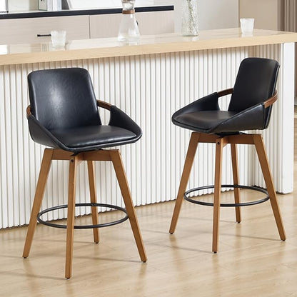 Mid-Century Swivel Bar Stools Set of 2, 26.5 inch Counter Height Barstools PU Leather Bar Chairs with Wooden Frame for Kitchen Island Dining Room, Black