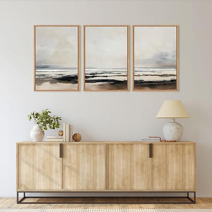 HOURIA Large Neutral Abstract Gray Framed Wall Art Set,Minimalist Modern Beige Brown Landscape Wall Decor,Wilderness Filed Artwork,Watercolor Misty Lake Print for Living Room,Bedroom,Office-16 x24 x3