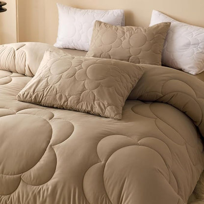 CLOTHKNOW Khaki Daisy Puff Comforter Set Twin/Twin XL Champagne Bedding Comforter Sets Floral Comforter Boho Bedding Sets Taupe Bed Comforter Sets Soft