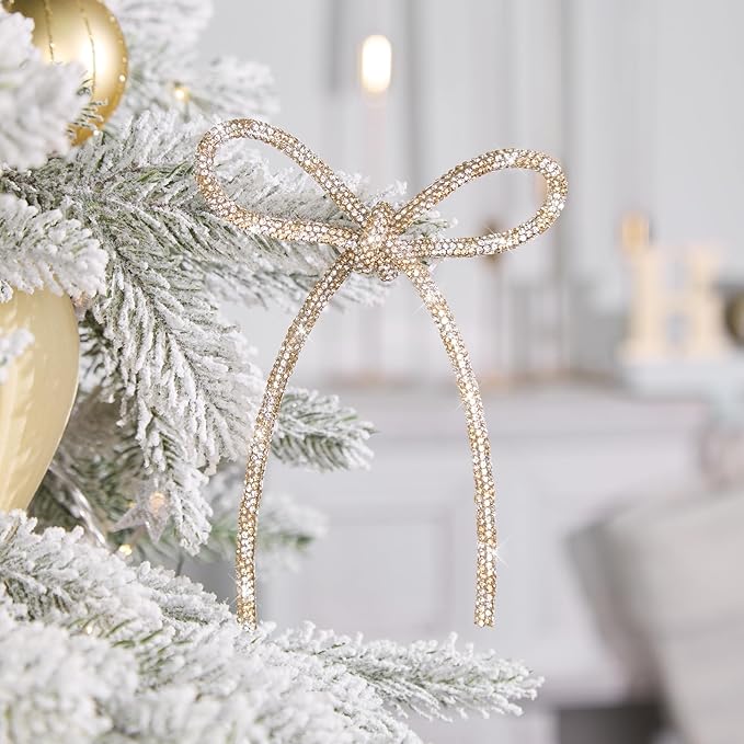 FLAIR GIFTS 6 Pcs 4.3" x 6" 2025 Christmas Bows for Tree Decor, Champagne Gold and Silver Sparkly Glitter Rhinestone Bow Ornaments with Twist Tie for Xmas Decoration, Wreath, Garland, Gift Wrapping