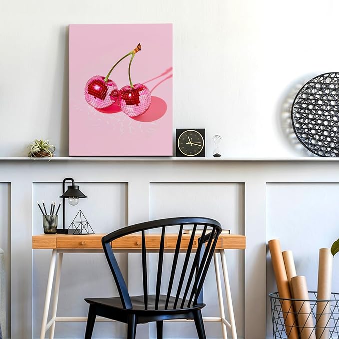 APJYM Trendy Hot Pink Disco Ball Cherry Wall Art, Preppy Room Decor, Y2K Room Decor, Funky Y2K Aesthetic Wall Art for Girls Bedroom Dorm Apartment, 11x14 Inches Frame