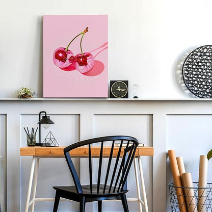 APJYM Trendy Hot Pink Disco Ball Cherry Wall Art, Preppy Room Decor, Y2K Room Decor, Funky Y2K Aesthetic Wall Art for Girls Bedroom Dorm Apartment, 11x14 Inches Frame