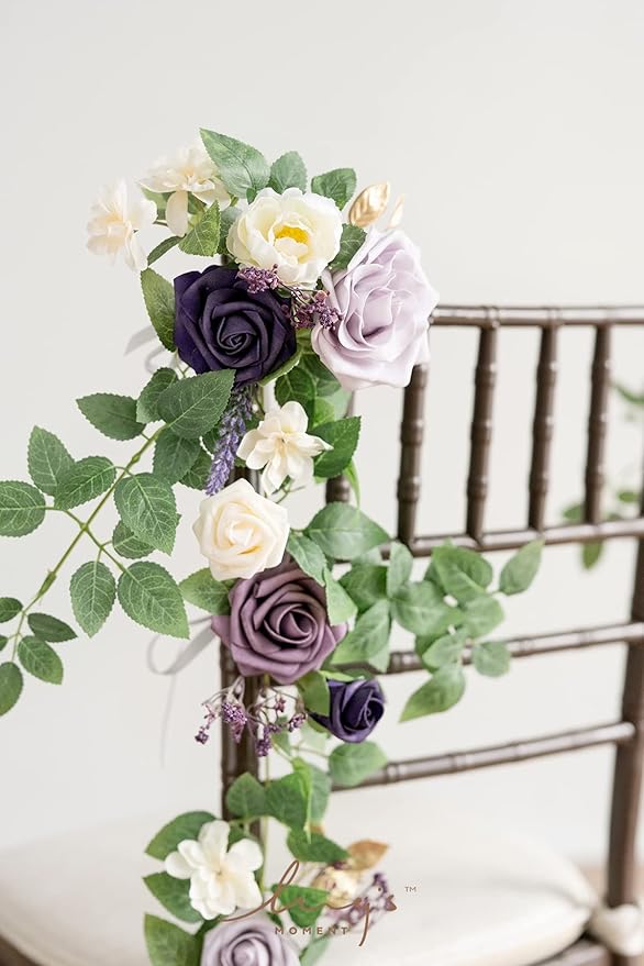 Ling's Moment 10pcs Wedding Chair Decorations Aisle Floral Swag Artificial Pew Flowers Hanging Garland Lilac Purple Gold for Ceremony Reception Church Rose Floral Faux Arrangement Party Outdoor Decor
