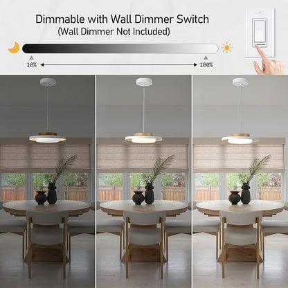 Mid Century Modern Pendant Lighting,15.7 inch,Natural Wood Cap, 3000K/Warm White/22W,Dimmable LED Pendant Light Fixtures, for Kitchen, Dining Room, Living Room