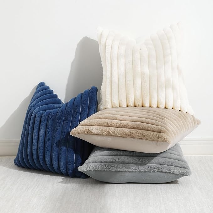 decorUhome Faux Fur Throw Pillow Covers 26x26 Set of 2, Decorative Soft Plush Striped Neutral Euro Pillow Covers with Velvet Back for Bed, Living Room Home Decor, Grey