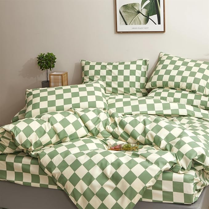 Pureant Green White Plaid Comforter Sets Queen Women Men Sage Green Checkerboard Grid Bedding Comforters Cotton Boys Girls Modern Grass Green and White Checkered Geometric Quilts Luxury Abstract Bed