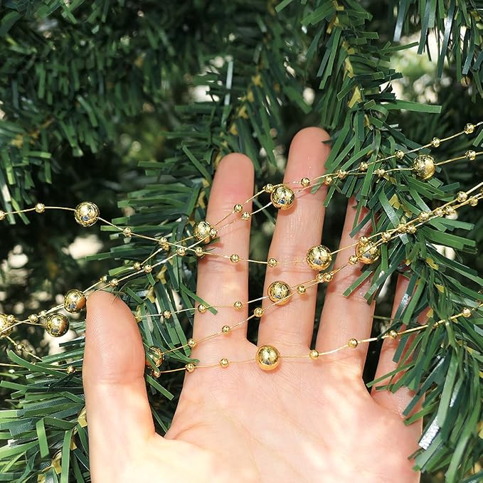 Christmas Tree Beads Garland,66 Feet Gold Pearl Strands Chain Sparkle for Christmas Tree Decoration and Crafts