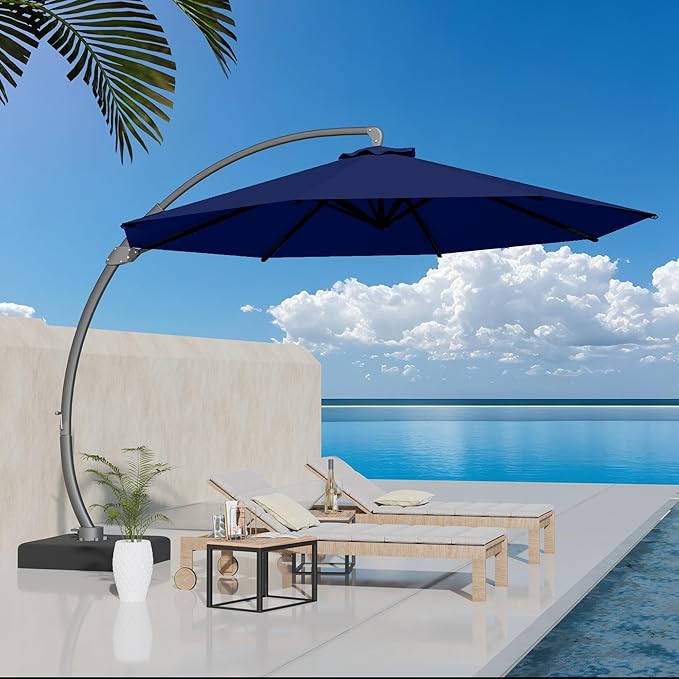 Kingdura 11ft Offset Cantilever Patio Umbrella with Base Included, Large Round Aluminum Outdoor Umbrella, 360° Rotation & Infinite Tilt, Heavy Duty Frame for Deck Pool Backyard, Navy blue