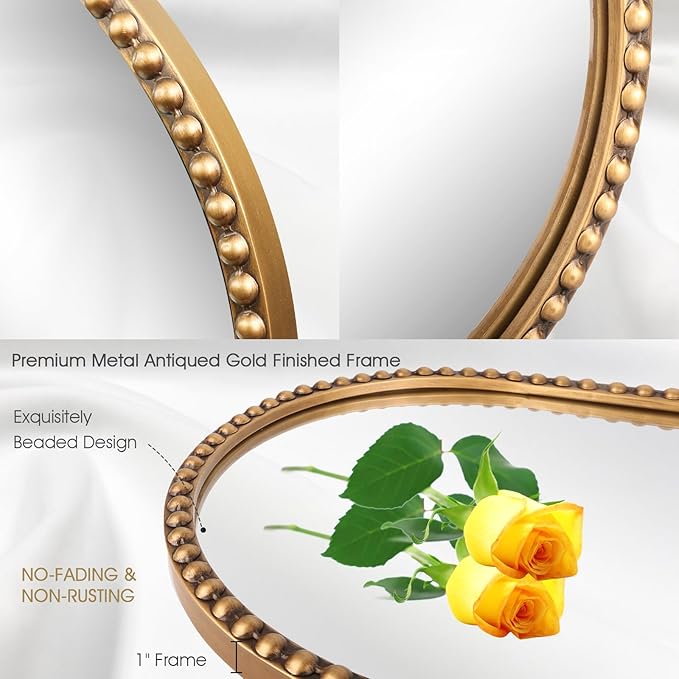 Oval Full Length Wall Mirror, 16"x47" Metal Beaded Frame Large Hanging Dressing Floor Mirror for Bedroom, Living Room, Entryway, Antique Gold (No Stand)