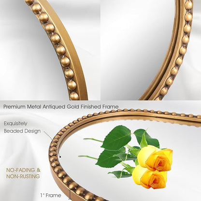 Oval Full Length Wall Mirror, 16"x47" Metal Beaded Frame Large Hanging Dressing Floor Mirror for Bedroom, Living Room, Entryway, Antique Gold (No Stand)