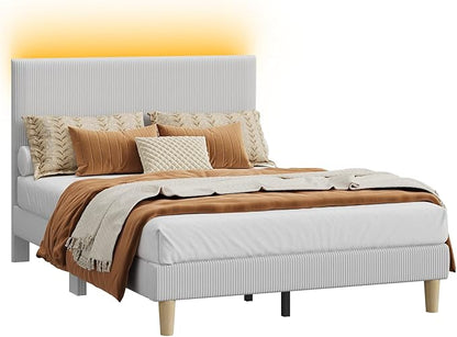 Bestier Full Bed Frame with Adjustable Headboard, LED Lighting, Vertical Channel Tufted Corduroy Upholstered, Solid Wooden Slats Support, No Box Spring Needed, Never Squeak, Easy Assembly, Light Grey