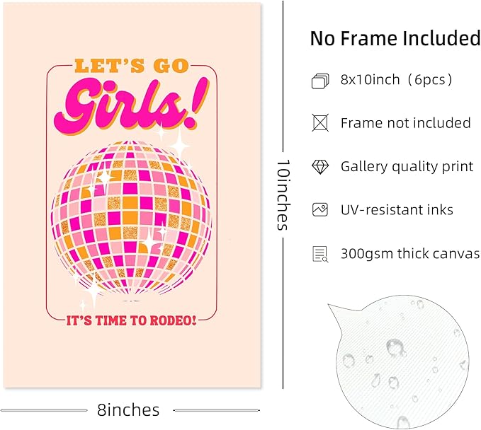 Hot Pink Wall Art Decor Trendy Aesthetic Pictures Preppy Funky Wall Art Poker Retro Poster Orange Vintage Canvas Hot Pink Artwork Western Prints Cowgirl Painting Dorm Room 8x10 Inch Unframed Set of 6