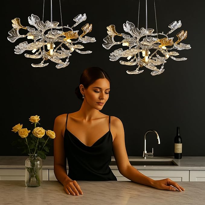Modern Chandelier for Dining Room, D21.6 Ginkgo Leaf Tree Branch Chandelier, Black Farmhouse Chandelier Over Dining for Living Room Bedroom Kitchen Island, 7-Light