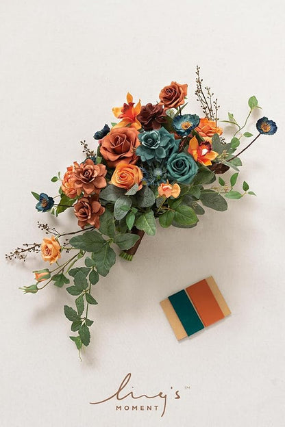 Ling's moment Teal Bridal Bouquet Cascading, Burnt Orange Wedding Bouquets for Bride, 13 Inch Terracotta Rust Fall Artificial Wedding Flower Bouquet