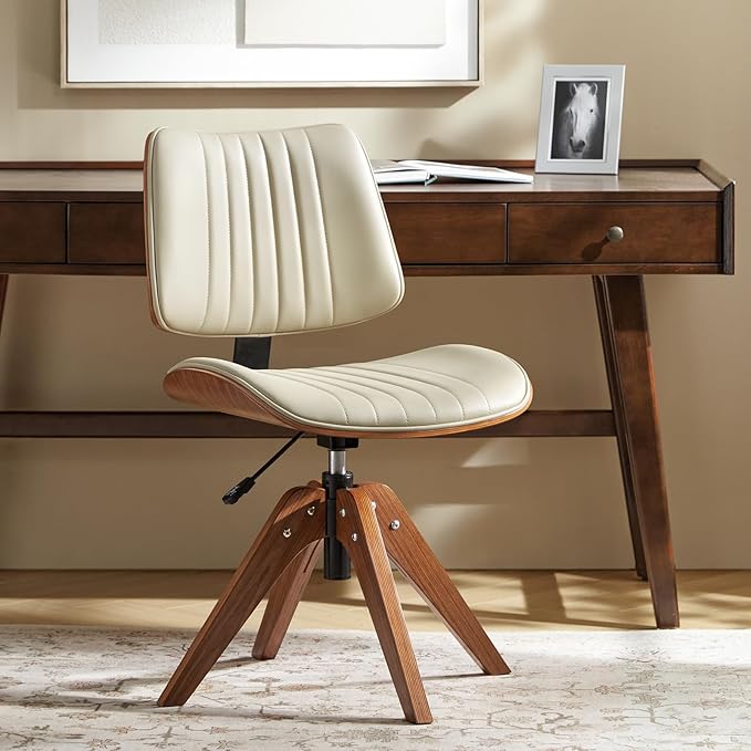 HULALA HOME Desk Chair with Solid Wood Legs, Adjustable Height & 360° Swivel, Comfy Bentwood Faux Leather Tufted Task Chair, Ivory
