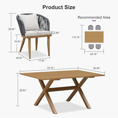 PURPLE LEAF 5 Pieces Patio Dining Table Set Wicker Outdoor Furniture Rectangular Table and Chairs Set for Garden Deck Teak-Finish Aluminum Frame Backyard Kitchen Set, Cushions and Pillows Included