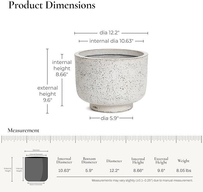 LuxenHome 12-Inch Dia Round Concrete Planters, Outdoor Indoor Decorative Plant Pots with Drainage Holes and Rubber Plug, Rustic Distressed Speckled Gray Flower Pot Planters for Home Garden Patio