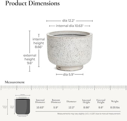 LuxenHome 12-Inch Dia Round Concrete Planters, Outdoor Indoor Decorative Plant Pots with Drainage Holes and Rubber Plug, Rustic Distressed Speckled Gray Flower Pot Planters for Home Garden Patio
