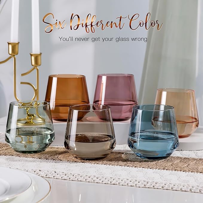 Physkoa Colored Stemless Wine Glasses Set of 6 - Colorful Crystal Glassware, Goblet Cocktails, Red & White, Dinner Color Beautiful, Classic Stemless Design 14oz