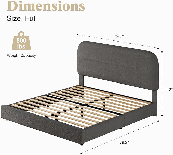 Full Size Boucle Bed Frame, Soft Upholstered Headboard, Thickened Footboard, Rounded Corners, No Box Spring Needed, Easy Assembly, Grey