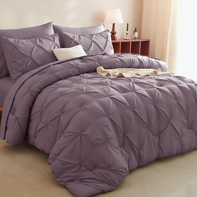 CozyLux Queen Comforter Set Grayish Purple, 7 Pieces Pintuck Bed in A Bag, Premium Purple Comforter Queen Size, Pinch Pleat Bedding Sets with Comforter, Sheets, Pillowcases & Shams