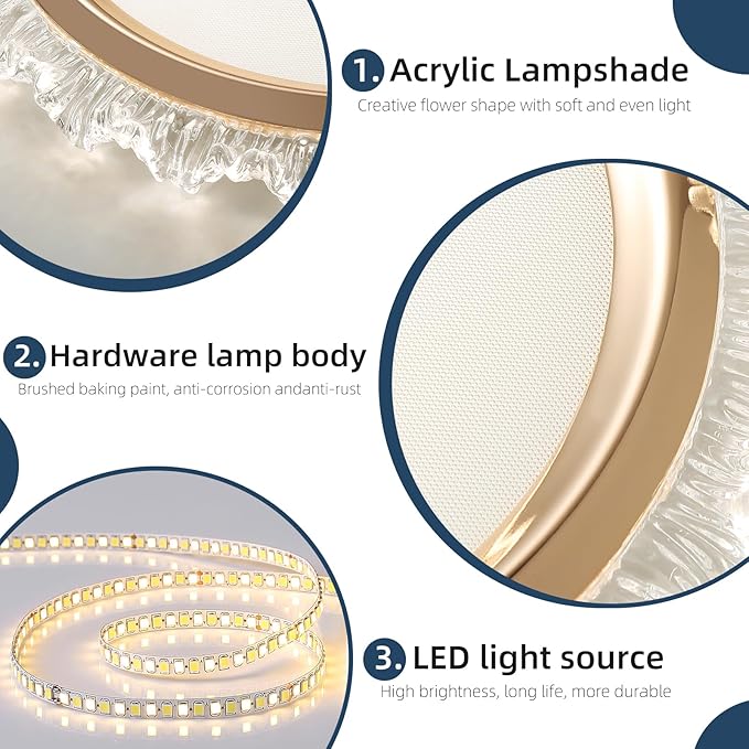 19inch Modern Dimmable LED Ceiling Light, Elegant Flowers Flush Mount Close to Ceiling Lamp, 3000K-6000K, 50W, Hallway Lighting Fixture for Bedroom, Kitchen, Bathroom, Laundry Room, Office