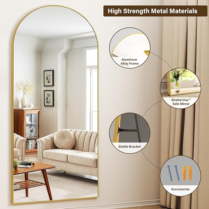 78"x38" Arched Full Length Mirror with HD Real Glass, Aluminum Frame, Shatter-Resistant, Wall Mounted or Standing, Gold Floor Mirror for Bedroom & Dressing Room