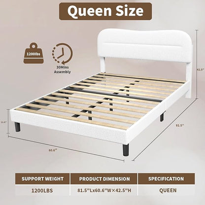 Queen Size Bed Frame with Headboard, upholstered Bed Frame Queen Size, Teddy Soft Boucle Fabric, Soft Cloud Marshmallow Shape Headboard, No Box Spring Needed, Noise Free (White)
