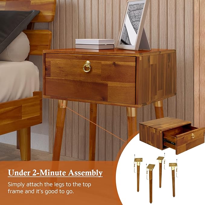 Bme Alden Solid Wood Bedside Table End Table with 1 Drawer for Mid Century Bedroom and Living Room, Caramel