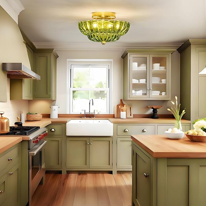 Modern Mid Century Gold Semi Flush Mount Ceiling Light Fixture,3 Lights Green Glass Close to Ceiling Lighting Fixtures for Bedroom Hallway Kitchen Foyer Bathroom Closet Laundry Room 11.8 inch
