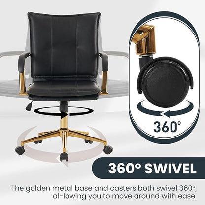 MOJAY Mid-Back Ergonomic Leather Desk Chair, Modern Upholstered Computer Chair, Executive Office Chair with Arms, Swivel Adjustable Rolling Chair with Gold Base (Black)