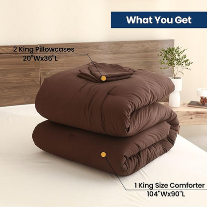 Paxrac Earthy Brown Comforter King Size, Neutral 3 Pieces Comforter Set, Lightweight Solid Bedding Set, All Seasons Soft Fluffy King Comforter Set (104x90In Comforter & 2 Pillowcases)