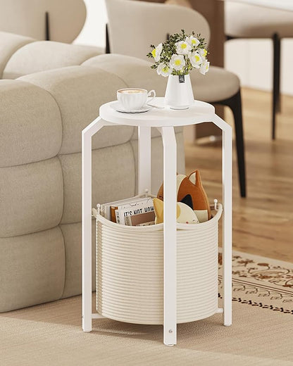 TUTOTAK Small Side Table, Round End Table, Night Stand, Bedside Table, Sofa Table with Storage Basket, Living Room, Bed Room, White TB01BW092
