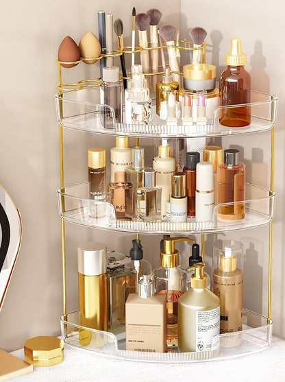 FELIZHOUSE 3-Tier Makeup Organizer for Vanity & Bathroom Countertop – Acrylic Storage Shelf with Perfume Makeup Brush Holder, Tool-Free Installation, Design for Bathroom & Dresser - Clear