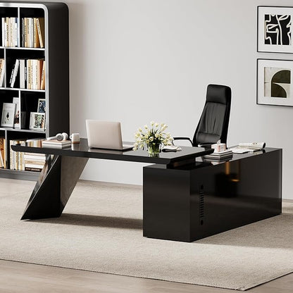 homary 70.9" Modern L-Shape Executive Desk Set, Home Office Desk with Home Office Executive Chair, Drawers & Cabinet Modern Computer Desk for Home Business Furniture, Black, Right Hand