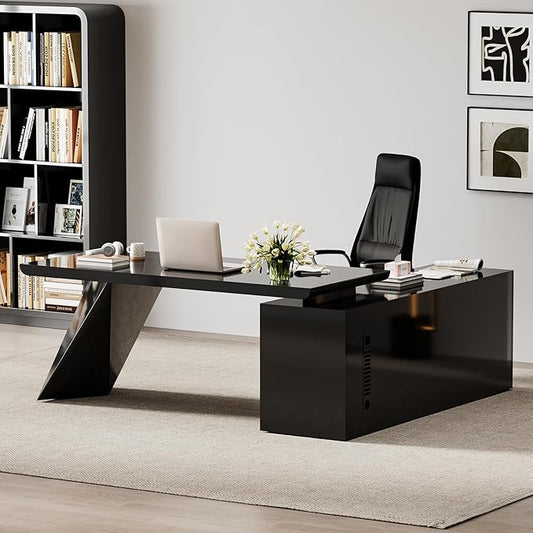 homary 70.9" Modern L-Shape Executive Desk Set, Home Office Desk with Home Office Executive Chair, Drawers & Cabinet Modern Computer Desk for Home Business Furniture, Black, Right Hand