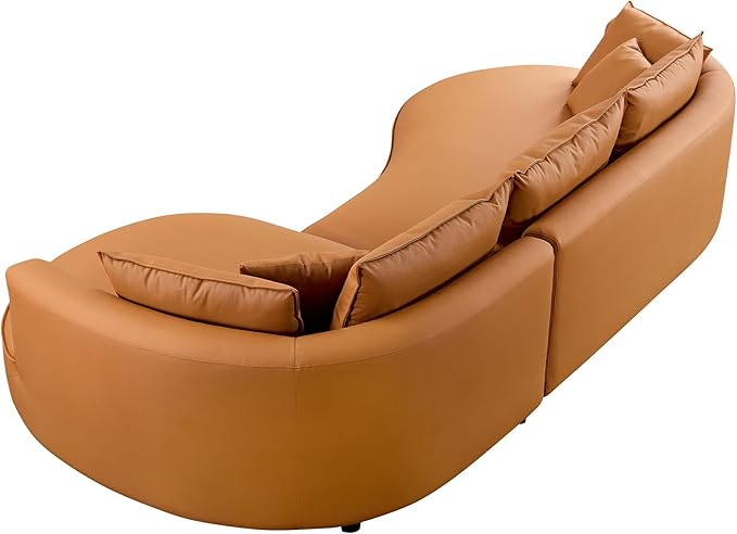 WILLIAMSPACE 124.8" Leather Curved Sofa Couch, Modern Upholstery Luxury Sofa with Pillows, Left Hand Facing Sectional Couch for Living Room (Right-Facing,Orange Leather)