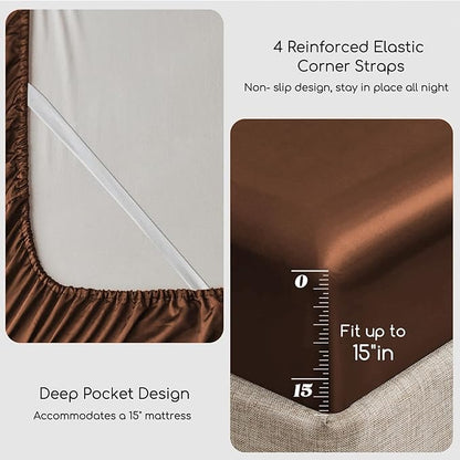 MR&HM Satin Bed Sheets, Queen Size Sheets Set, 4 Pcs Silky Bedding Set with 15 Inches Deep Pocket for Mattress (Queen, Brown)